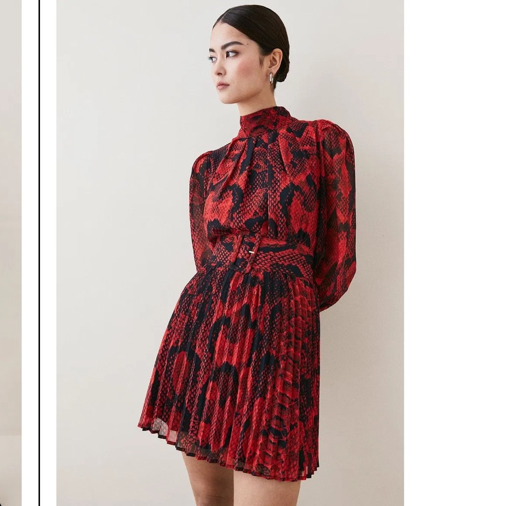 Karen Millen Red and Black Snake-Print Long Sleeve Mini Dress